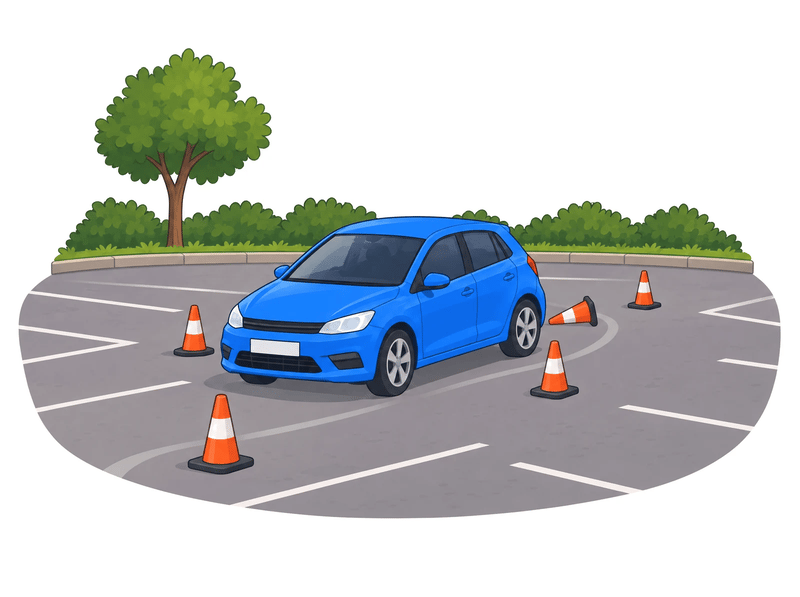 A blue hatchback driving between orange traffic cones in an empty car park, one cone knocked over.