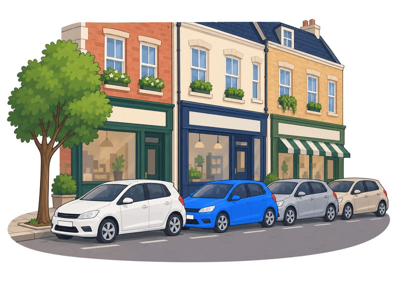 A blue hatchback parked in a tight row of cars on a city street lined with shops.