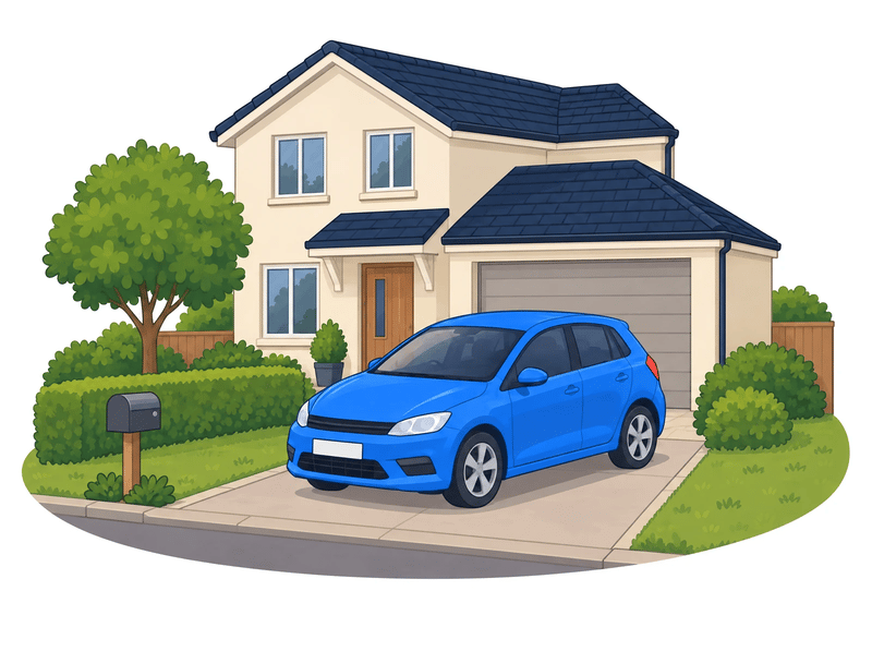A blue hatchback parked on the driveway of a house with a garage.