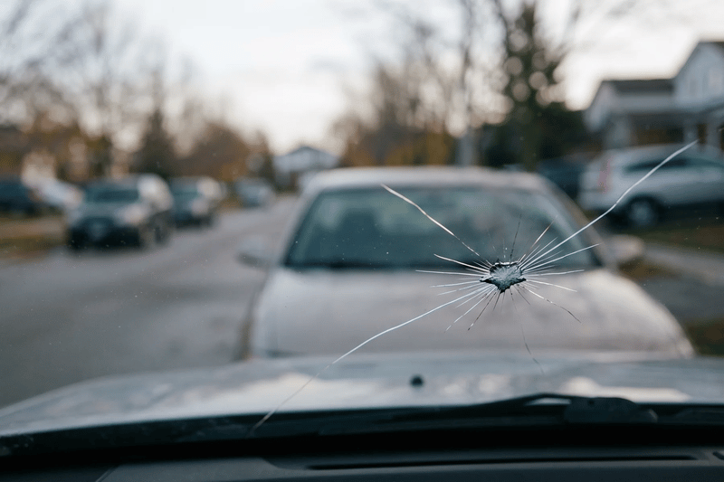 Looking out through a car windshield at a quiet street, a chipped star of glass sharp in the foreground and a parked car soft beyond it.