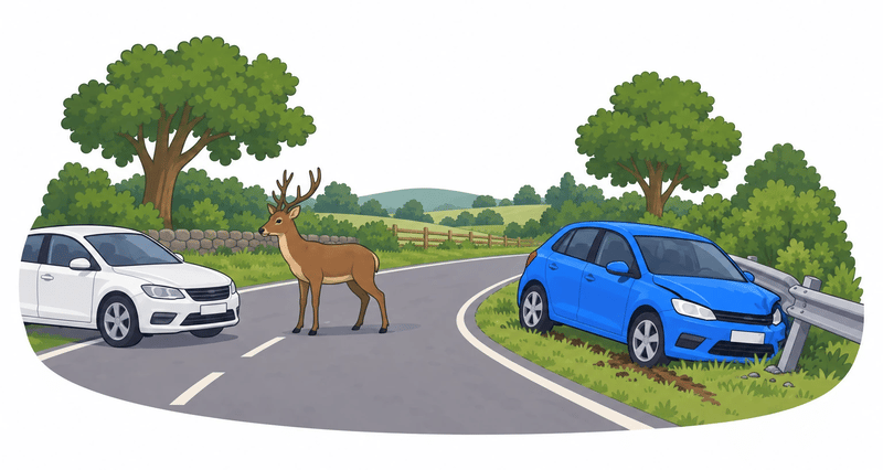 Two roadside scenes side by side. On the left a car has met a deer standing in the lane. On the right a second car has run off the lane into a guardrail, bending the post.