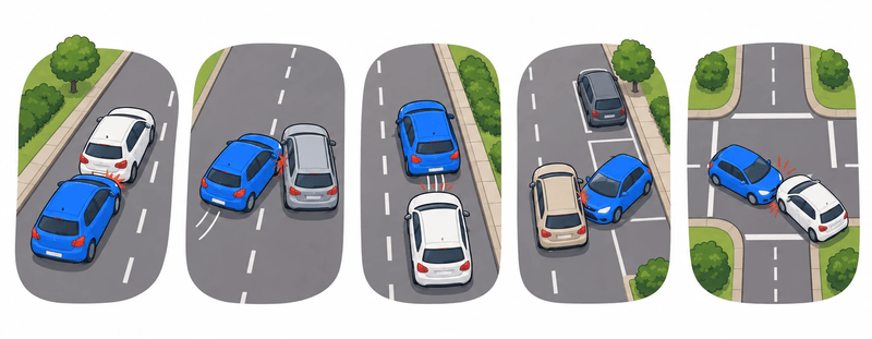 Five common accidents seen from above, each with the fault share the rules assign: rear-ended, 100% to the rear driver; lane change, 100% to the driver moving over; backing up, 100% to the reverser; leaving a parking space, 100% to the driver pulling out; both drivers ignoring a stop sign, 50/50.