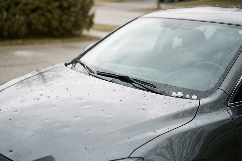 Close-up of a car’s hood after a hailstorm, dozens of small dents in the wet paint and a few hailstones still by the wiper.