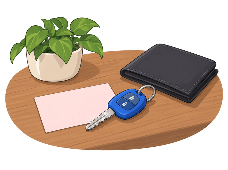 A blank pink insurance slip on a desk with a car key and a wallet.