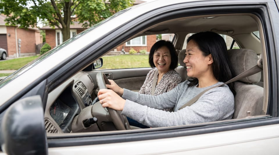 A woman driving with her mother in the passenger seat, both laughing, on a quiet residential street.