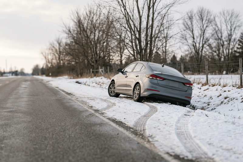 A grey sedan nose-down in a snowy ditch beside a rural Ontario road, tyre tracks curving off the asphalt, no other car in sight.
