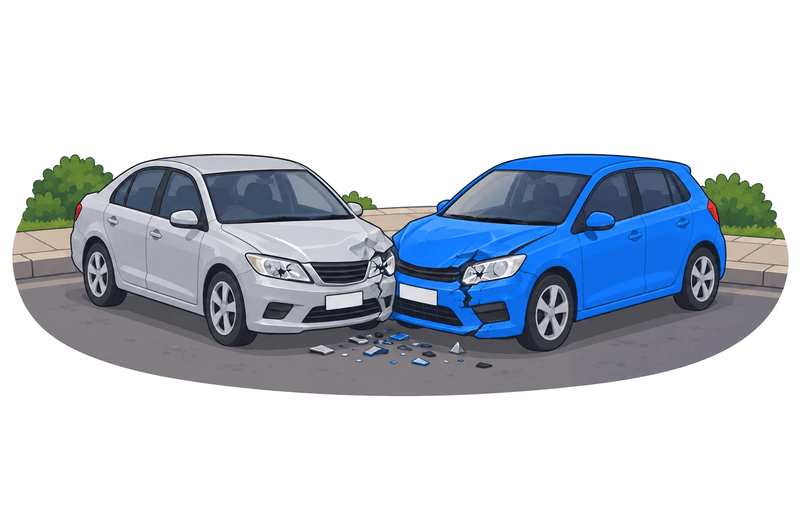 Two cars stopped nose to nose after a low-speed bump, each with a dented front corner.