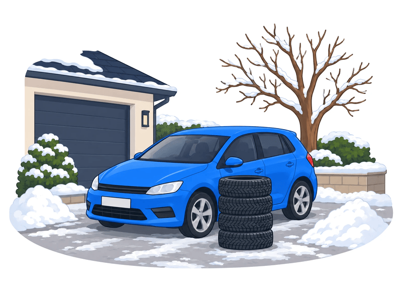 A stack of four winter tyres beside a blue hatchback on a snowy driveway.