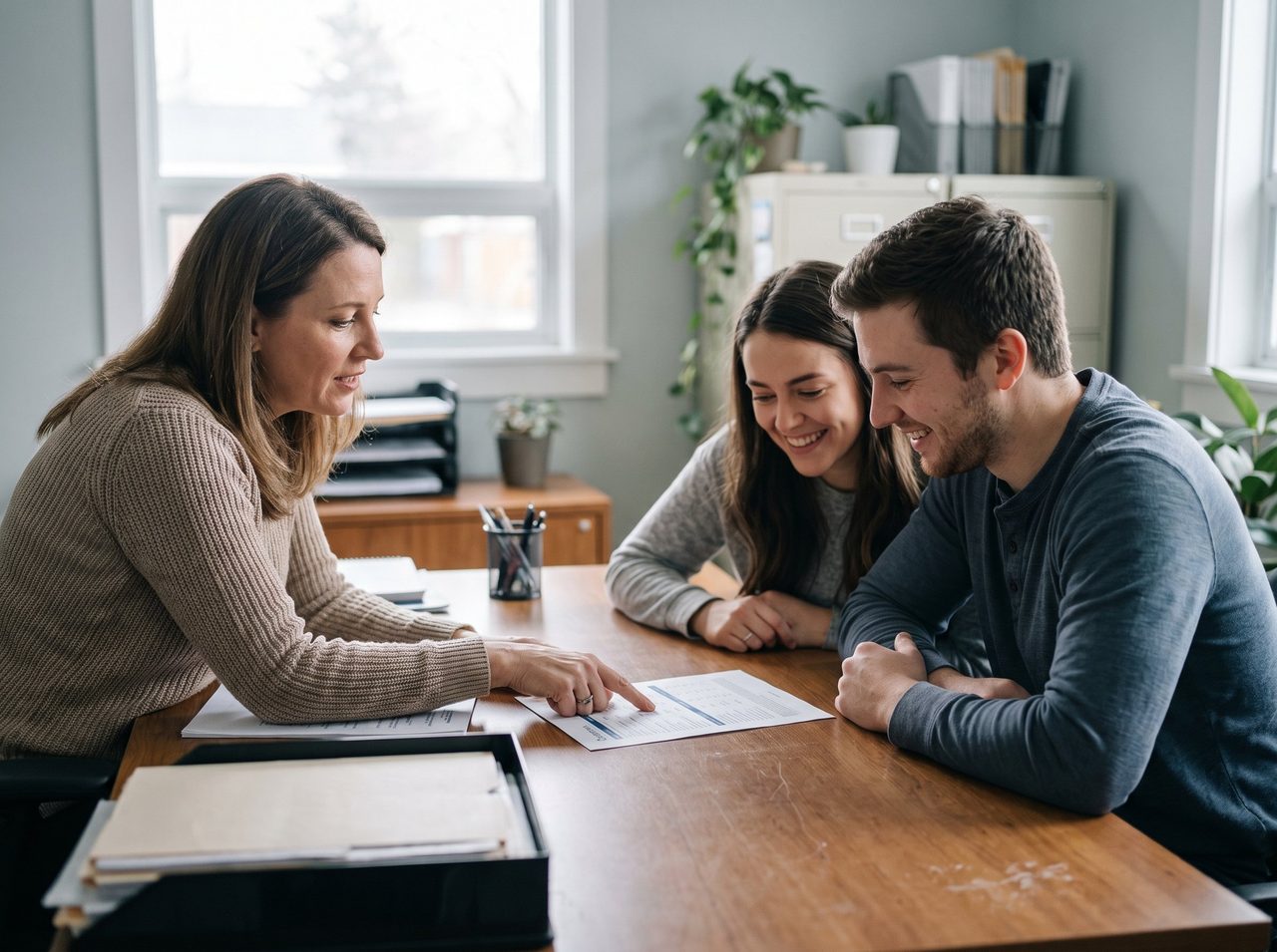A broker at her desk pointing out a line on a quote to a young couple, who are smiling