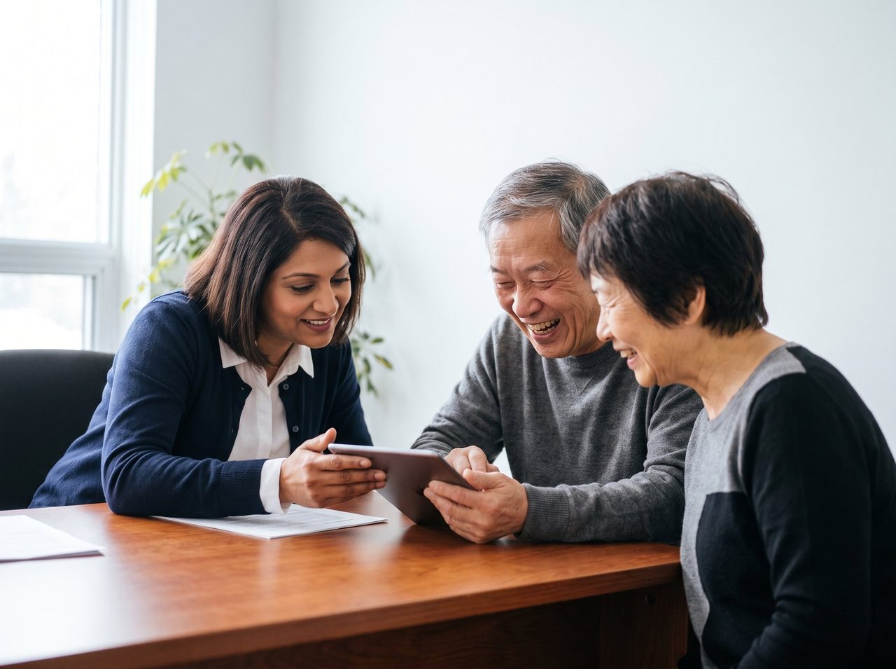 A broker at her desk showing an older couple something on a tablet, all three laughing