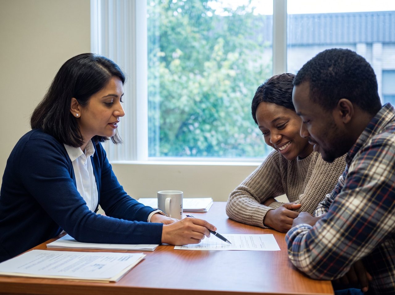 A broker at her desk pointing out a line on a comparison sheet to a young couple, who are smiling